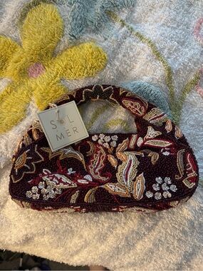 NWT Sol & Mer Fully Beaded Fall Floral Hobo Shoulder Bag Burgundy Maroon